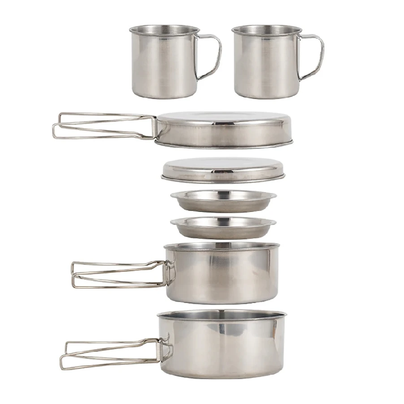 Camping Cooking Kits - 8個/セット キャンプ調理器具セット ステンレス製調理鍋とフライパンセット プレートとカップ付き アウトドアハイキングバックパッキング用