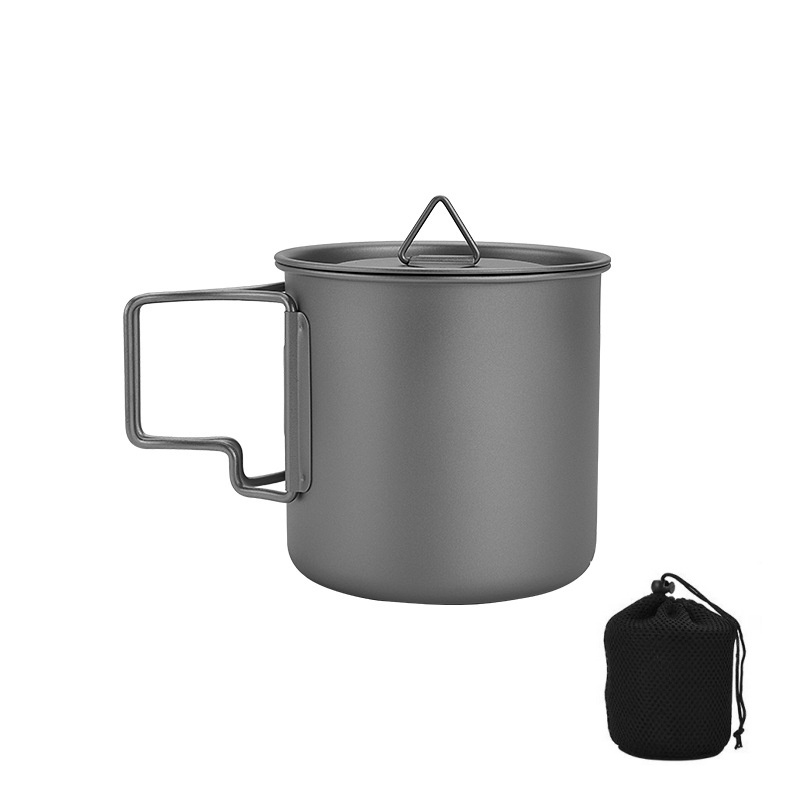 Camping Cooking Utensil Bag - 折りたたみハンドル付きチタン製キャンプマグ 軽量ポータブルアウトドアカップ クッキングセット ハイキング旅行用調理器具