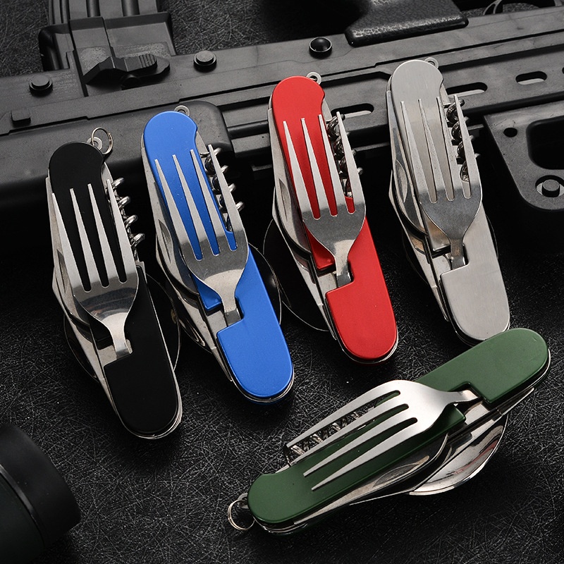 Camping Cooking Survival - 4 in 1 折りたたみ食器取り外し可能なキャンプ用品ステンレス鋼ナイフフォークスプーンオープナーポータブル屋外旅行カトラリー