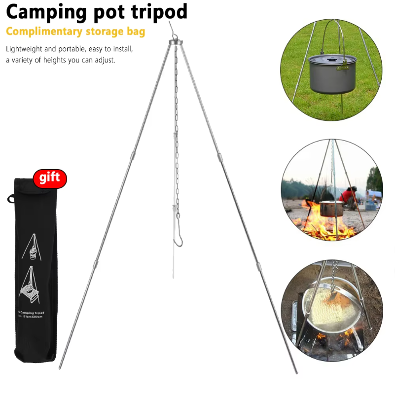 Camping Cooking Pot Tripod - キャンプ用焚き火三脚、鍋吊り下げ用、アウトドア調理器具、ピクニック用調理鍋、グリルラック、バーベキューサポート、アルミ合金製三脚