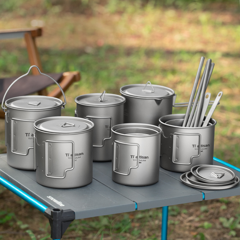 Camping Cooking System - Tiartisan 屋外チタン軽量ポータブルティーコーヒーカップ折りたたみハンドルキャンプ水マグハイキング旅行用
