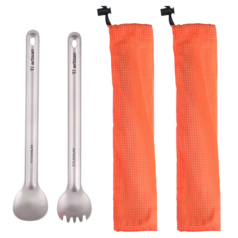 Camping Cooking Cutlery Set - Tiartisan 純チタンカトラリー超軽量ロングハンドルスプーンスポークアウトドアキャンプポータブル 2 個食器セット収納袋付き