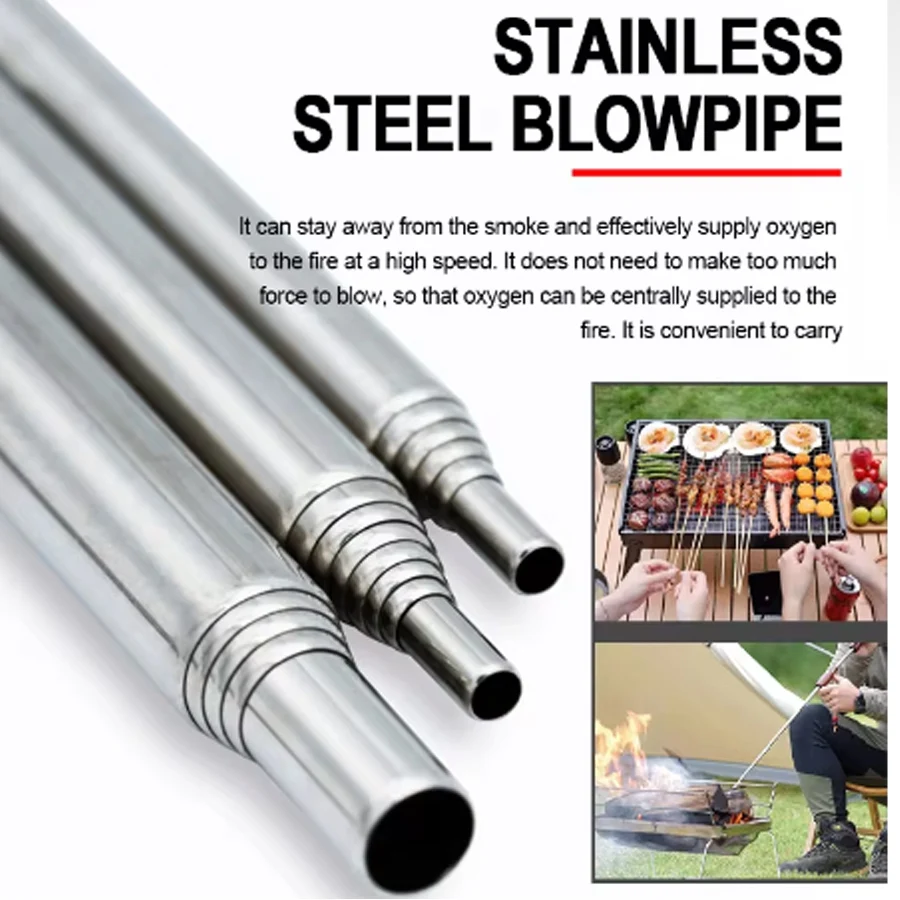 Camping Cooking Fire - ステンレス製ブローパイプ ポケットベローズ 折りたたみ式エアブロースティック キャンプファイヤー用火起こしツール アウトドア ブッシュクラフト