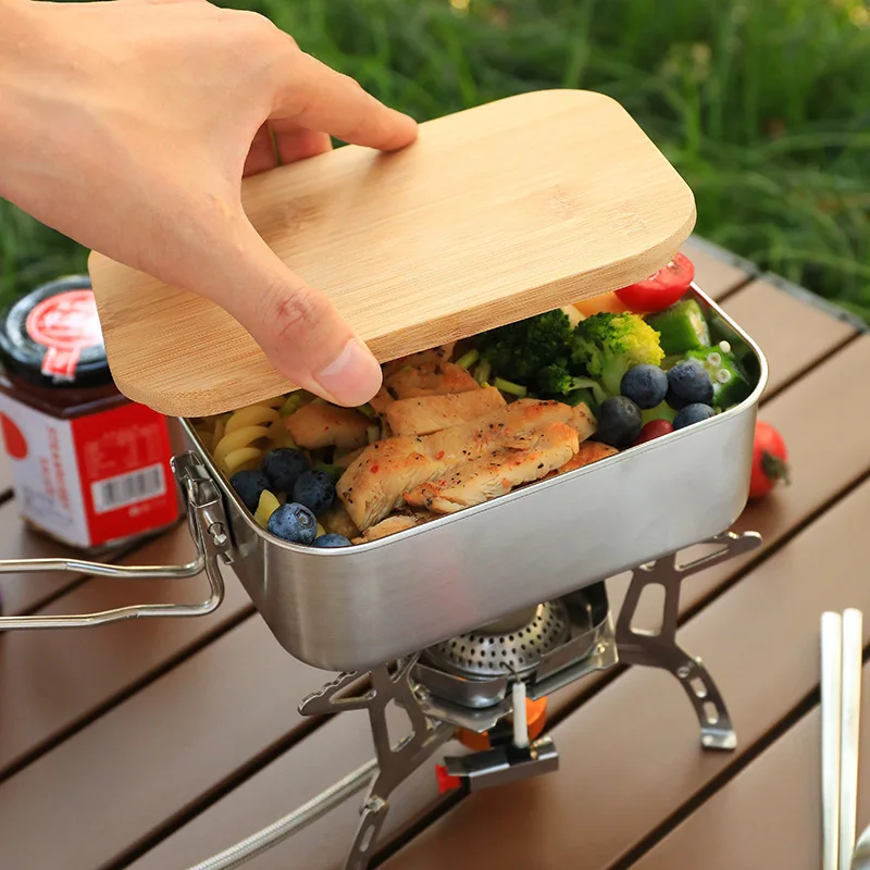 Camping Cooking Container - ステンレス製のポータブル弁当箱,キャンプ,野外調理,木製のまな板,野生の食器,穀物容器,304