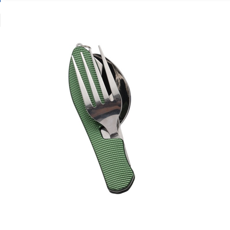 Camping Cooking Cutlery Set - 折りたたみ式ステンレス製カトラリーセット、一体型携帯ナイフとフォークのコンボ、キャンプやピクニック用の再利用可能な金属製食器