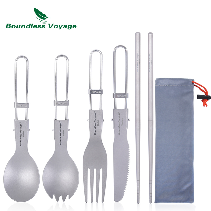 Camping Cooking Bowl - Boundless Voyage チタンキャンプカトラリー折りたたみスプーンスポークフォークナイフ箸アウトドア旅行食器食器セット