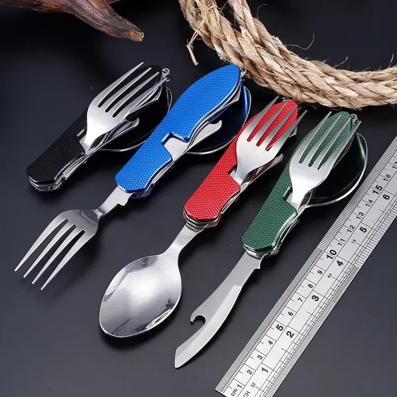 Camping Cooking Cutlery Set - ステンレス製カトラリー 4in1 アウトドアピクニック用食器 折りたたみ式ナイフ・フォーク・スプーン・栓抜き キャンプ用折りたたみポケットカトラリーセット