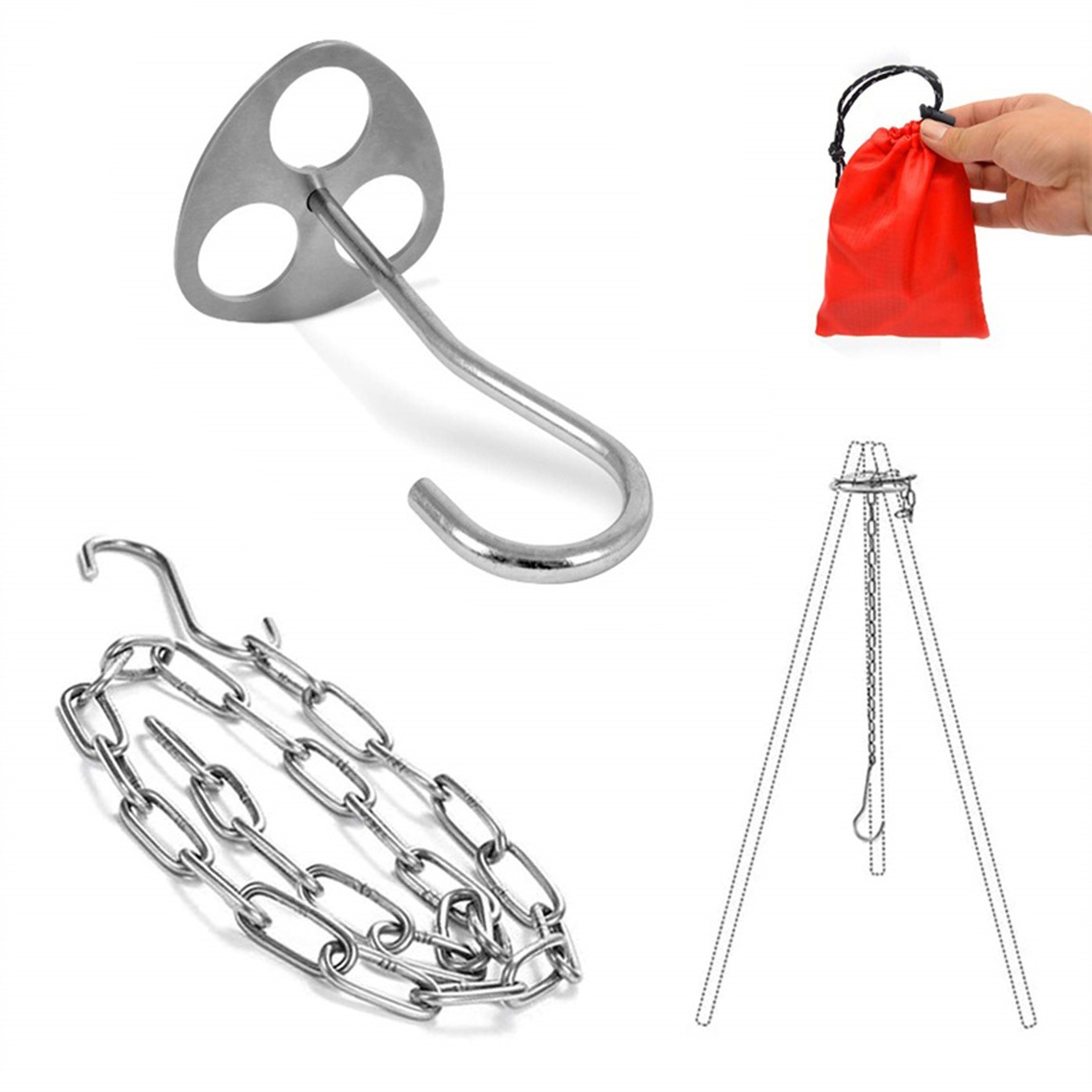 Camping Cooking Pot Tripod - ステンレス製キャンプ用三脚サポートプレート。3つの穴があり、調整可能なチェーンとS字フックが付属。焚き火のそばで鍋を吊り下げて調理するのに最適。