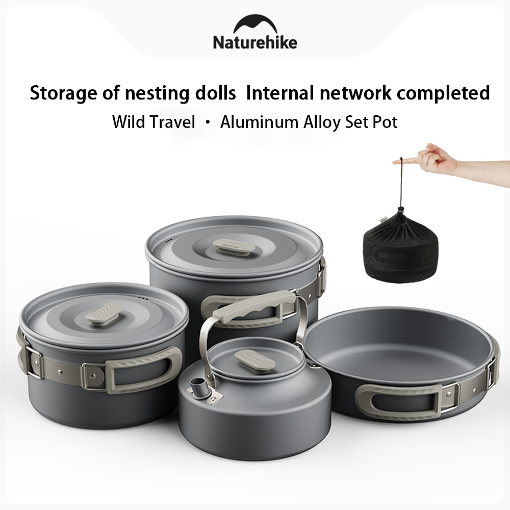 Camping Cooking System - Naturehike アウトドアポットセット、キャンプ調理器具、ポータブルステンレス鋼フライパンハンギングポット、ハイキングピクニック食器