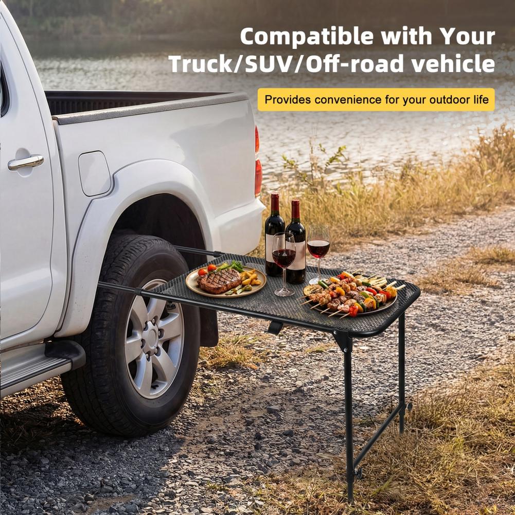 Camping Outdoor Cooking Table - タイヤマウントキャンプデスク、テールゲートパーティー、ピクニック、アウトドアクッキング用スチール製折りたたみデスク、車やSUVのタイヤに取り付け可能なテーブル