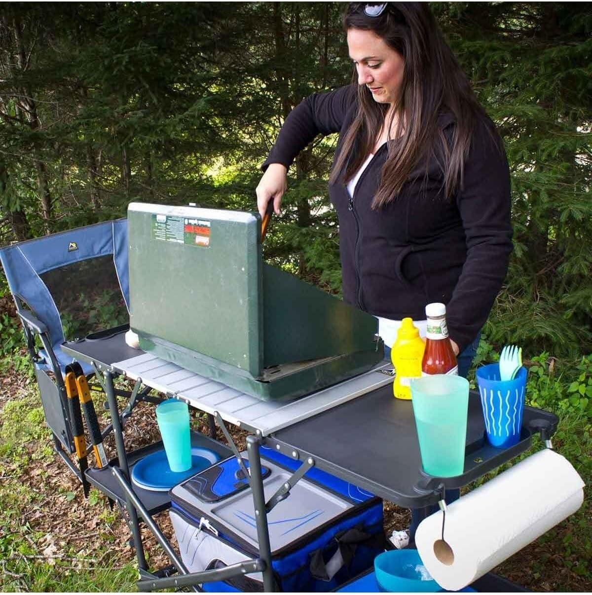 スリム折りたたみ式ポータブルキャンプキッチンテーブル、耐熱ト - Camping Outdoor Cooking Table のレビューと価格