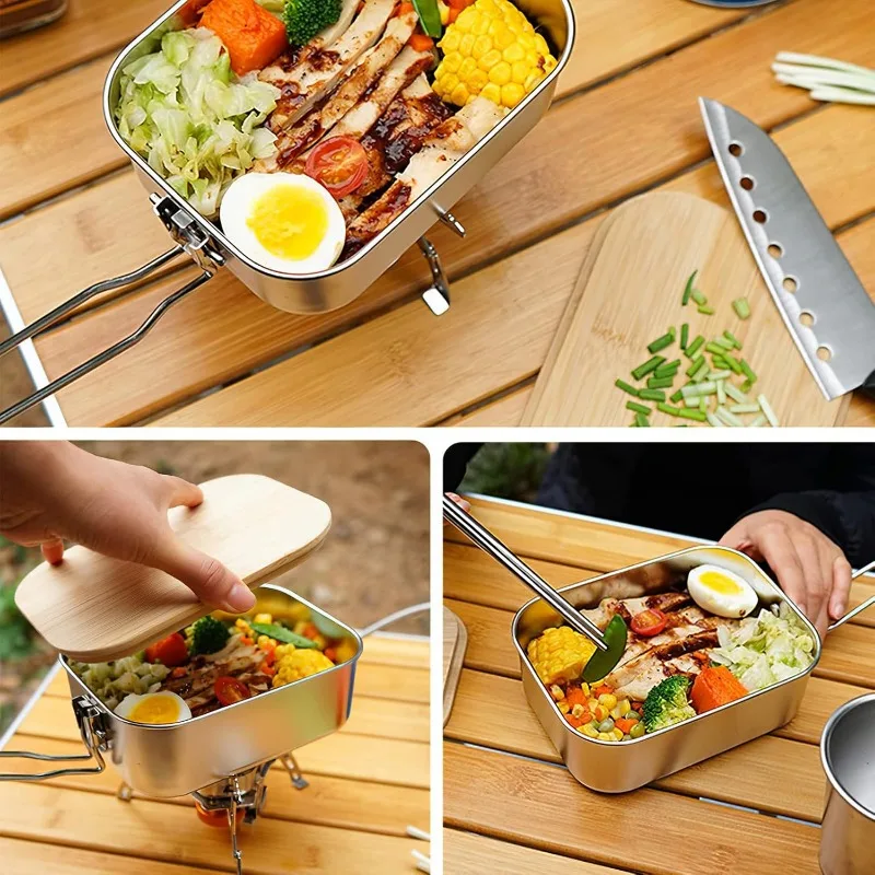 ステンレス製のポータブル弁当箱,キャンプ,野外調理,木製のま - Camping Cooking Container のレビューと価格