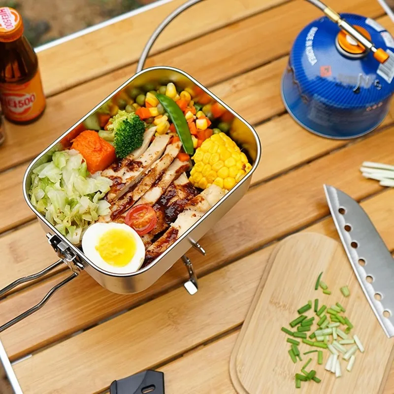 ステンレス製のポータブル弁当箱,キャンプ,野外調理,木製のま - Camping Cooking Container のレビューと価格