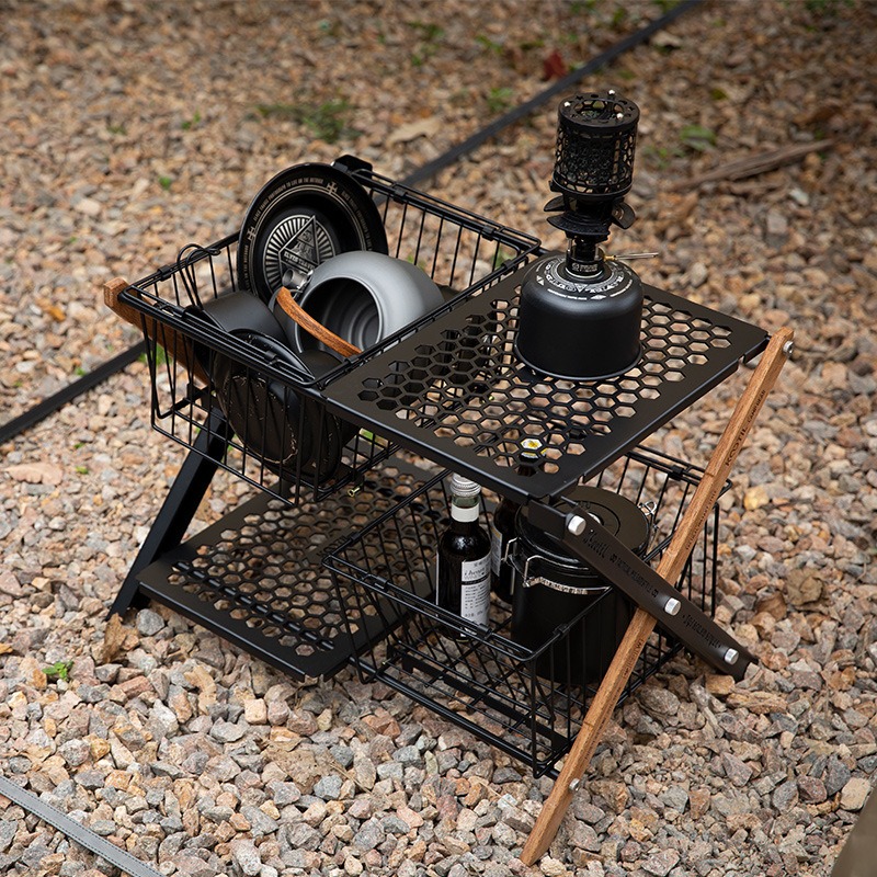 ポータブル折りたたみキャンプテーブルバスケット多層収納バスケ - Camping Outdoor Cooking Table のレビューと価格