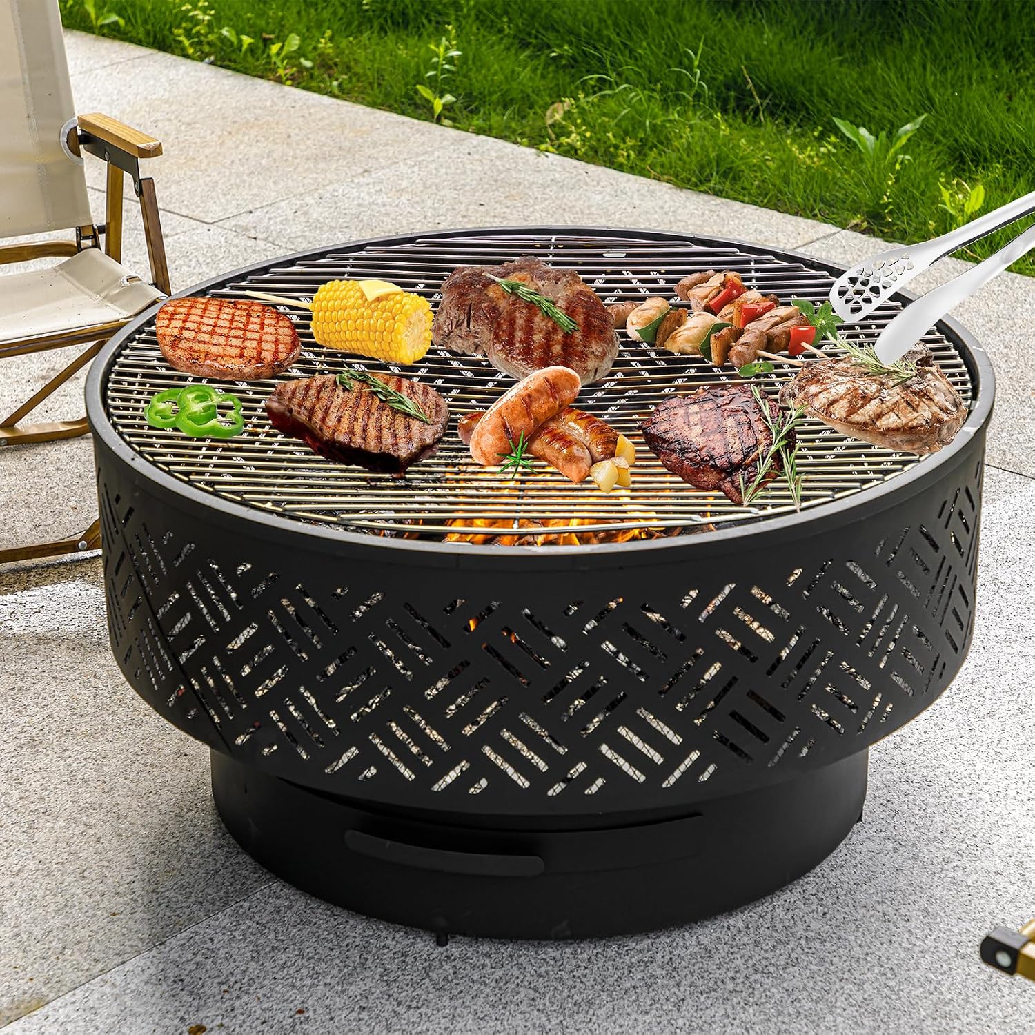 32インチ丸型金属製薪焚きファイヤーピットテーブル、BBQ調 - Camping Outdoor Cooking Table のレビューと価格