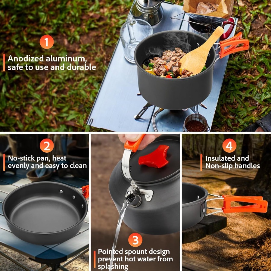 キャンプ用調理器具セット：35オンスの焦げ付き防止加工鍋＋5 - Camping Cooking Kits のレビューと価格