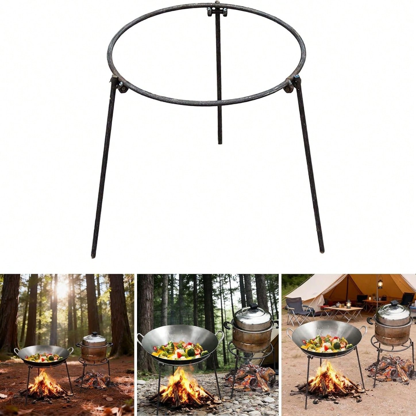 ポータブルアウトドアキャンプ三脚、調整可能な脚付き、取り外し - Camping Cooking Survival のレビューと価格